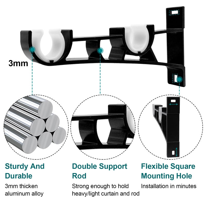 Gudui Double Curtain Rod Brackets, Heavy Duty Curtain Rod Hooks Curtain Rod Holders Wall Mounted for 1 inch Drapery Rod, Black, 2 Pack - Image 4